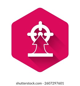 White Target financial goal concept icon isolated with long shadow background. Symbolic goals achievement, success. Pink hexagon button. Vector