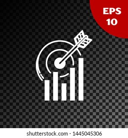 White Target with graph chart icon isolated on transparent dark background. Report text file icon. Accounting sign. Audit, analysis, planning.  Vector Illustration
