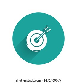 White Target icon isolated with long shadow. Investment target icon. Successful business concept. Cash or Money sign.  Green circle button. Vector Illustration