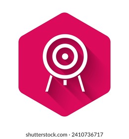 White Target icon isolated with long shadow. Dart board sign. Archery board icon. Dartboard sign. Business goal concept. Pink hexagon button. Vector