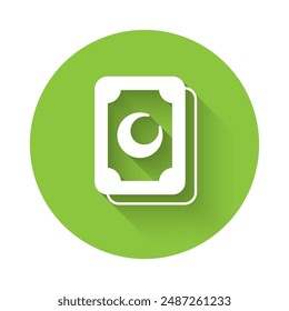 White Tarot cards icon isolated with long shadow background. Magic occult set of tarot cards. Green circle button. Vector