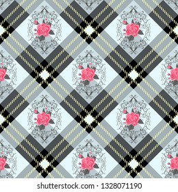 White tartan plaid and flowers pattern on checkered background for textile