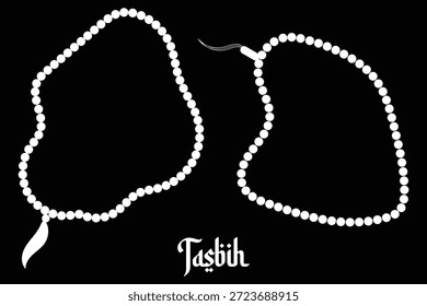 Ilustración vectorial blanca de los granos de la oración de Tasbih en el fondo negro para el diseño de la adoración islámica, Vector Vector blanco mínimo de la silueta de los granos de Tasbih en el fondo negro para el arte musulmán de la oración, gráfico islámico de los granos del rosario de Tasbih en blanco en el fondo negro para el uso religioso
