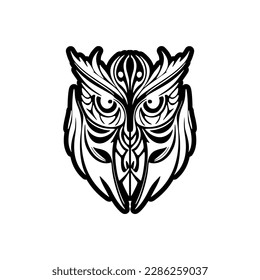 ﻿Black and white tattoo of an owl featuring Polynesian designs.