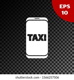 White Taxi call telephone service icon isolated on transparent dark background. Taxi for smartphone.  Vector Illustration