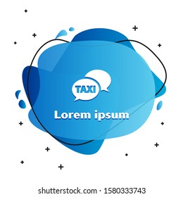White Taxi call telephone service icon isolated on white background. Speech bubble symbol. Taxi for smartphone. Abstract banner with liquid shapes. Vector Illustration