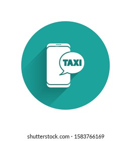 White Taxi call telephone service icon isolated with long shadow. Taxi for smartphone. Green circle button. Vector Illustration