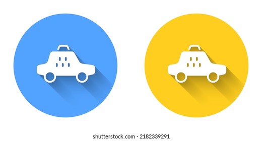White Taxi Car Icon Isolated With Long Shadow Background. Circle Button. Vector