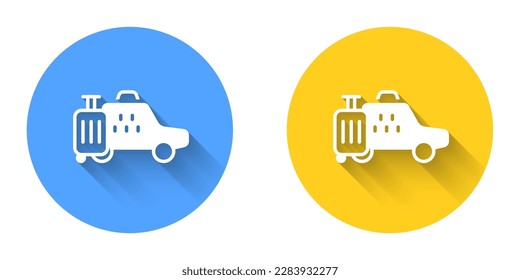 White Taxi car icon isolated with long shadow background. Circle button. Vector