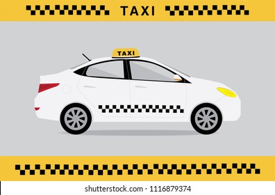 White taxi car. Vector flat illustration. Poster for taxi service