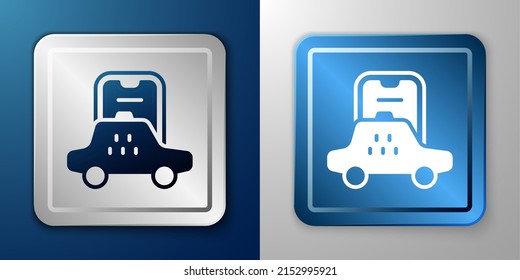 White Taxi mobile app icon isolated on blue and grey background. Mobile application taxi. Silver and blue square button. Vector