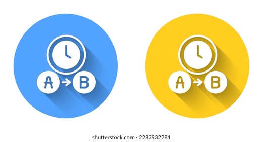 White Taxi waiting time icon isolated with long shadow background. Car deadline, schedule ride. Circle button. Vector
