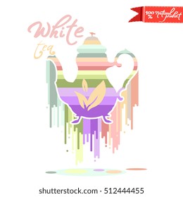 White tea badge with teapot and multicolor dripping paint. Vector illustration / logo / label / tattoo