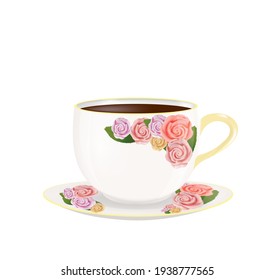 White tea cup with roses. vector illustration