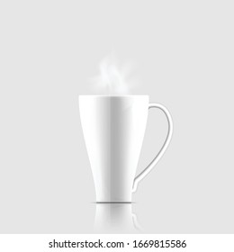 White tea cup side view with smoke. Realistic Vector Mock up Cup template for your logo and design.