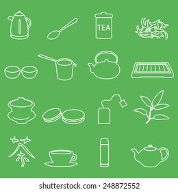white tea outline icons on green background eps10