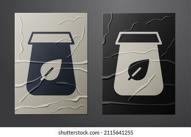 White Tea packaging icon isolated on crumpled paper background. Paper bag with tea. Paper art style. Vector