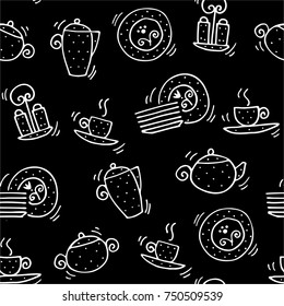 White Tea set pattern on the black background, tea set pattern on the chalkboard