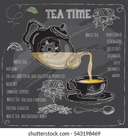 White Tea Time card with cup, teapot, spoon and  leaves.   Freehand drawing with imitation of chalk sketch. Hot beverage. White lines on dark background.