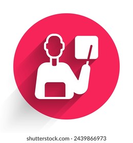 White Teacher icon isolated with long shadow. Red circle button. Vector