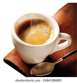 White teacup filled with freshly brewed coffee, isolated on a clean background. Perfect for breakfast or coffee-themed imagery