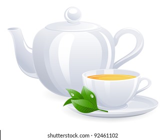 White teacup and teapot with tealeaf