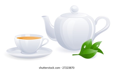 White teacup and teapot with tealeaf. Vector-Illustration