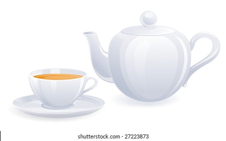 White teacup and teapot. Vector-Illustration