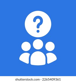 icono de equipo blanco con signo de interrogación como cuestionario. concepto de consulta de información sobre recursos humanos y apoyo o inspección. elemento de diseño gráfico de logotipo de lluvia de ideas de tendencia plana aislado en azul