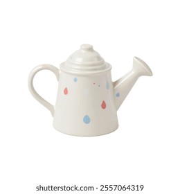 A white teapot is adorned with blue and red polka dots. The background is a stark white, creating a stark contrast to the teapot. The teapot's handle adds a pop of color to the otherwise monochromatic