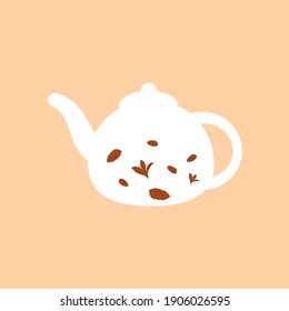 tetera blanca con té negro. hojas de té marrón puestas. hora de la ceremonia del té. para utensilios de cocina o cafetería. paquete de productos. inicio de sesión simple sobre fondo beige