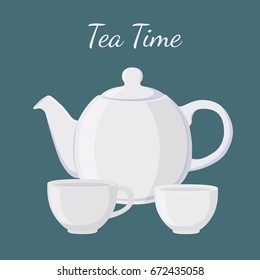 White teapot and cup in cartoon flat style. Containers for tea or coffee. Tea time. Vector illustration