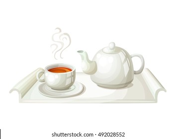 White teapot and cup of tea. Cartoon vector icon isolated on white background