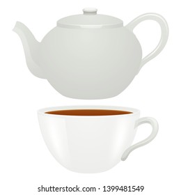 White teapot and white cup of tea / coffee. Vector illustration
