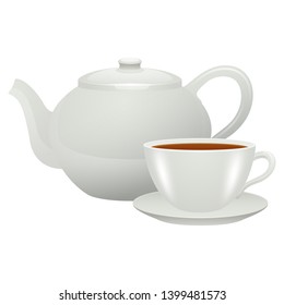 White teapot and white cup of tea / coffee. Vector illustration
