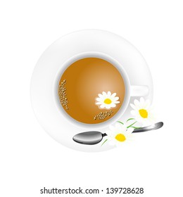 White teapot with fresh camomile tea