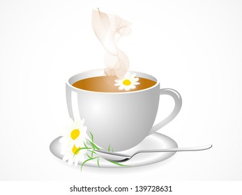 White teapot with fresh camomile tea