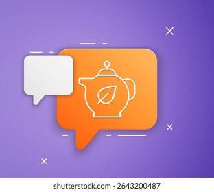 Bule branco com ícone de folha isolado no fundo roxo. Símbolo laranja de balão de fala. Vetor