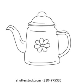 white teapot with a lid with a flower on its side drawn in doodle style on a white background coloring page