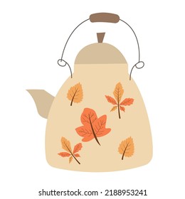 white teapot with a pattern of autumn leaves on it. Rustic teapot with autumn herbal drink. Color flat vector illustration isolated on a white background.