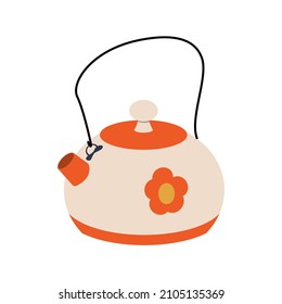 White teapot with red flower print vector icon. Cartoon illustration of teapot isolated on white.