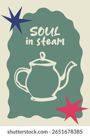 A white teapot with star accents and calming steam. Ideal for mindfulness and tea enthusiasts.