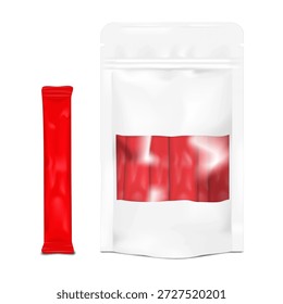 Bolsa de pie con cierre de cremallera de muesca de lágrima blanca con ventana transparente llena de paquetes de bolsitas de palo. Maqueta de Vector realista. Empaquetado de la bolsa de plástico del stand-up resellable del producto de la comida o de la atención sanitaria. Maqueta