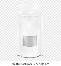Bolsa de pie de ventana transparente con cierre de cremallera de muesca de lágrima blanca con agujero colgante. Maqueta realista. Paquete de bolsa de pie con cremallera con inserto frontal transparente. Fácil maqueta de Vector editable. Plantilla para el diseño