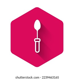 White Teaspoon icon isolated with long shadow background. Cooking utensil. Cutlery sign. Pink hexagon button. Vector