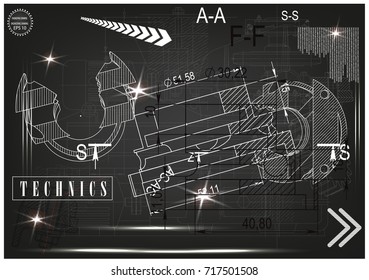 white technical drawing on a black background, engineering