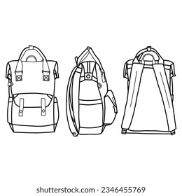 White technical sketch of Backpack bag model 1 vector template, front, back and side view, isolated on white background, editable color