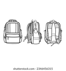 White technical sketch of Backpack bag model 2 vector template, suitable for your custom backpack bag, front, back and side view, isolated on white background, editable color