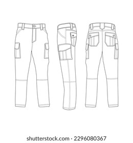 White technical sketch mens cargo pants vector template  front  back   side view  isolated white background  editable color   stroke 