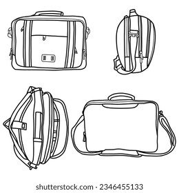 White technical sketch of Messenger shoulder bags vector template, front, back and side view, isolated on white background, editable color